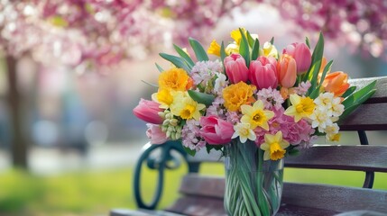 Sticker - Colorful Spring Bouquet on a Wooden Bench with a Blurred Background