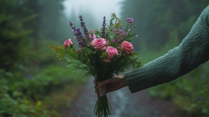 Poster - A Hand Holding a Bouquet of Pink Roses and Lavender in a Misty Forest