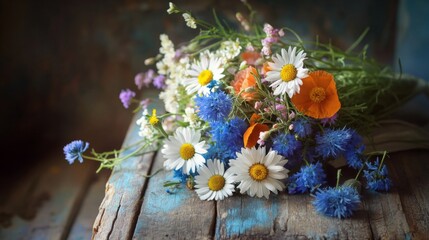 Sticker - A Bouquet of Wildflowers on a Rustic Wooden Surface