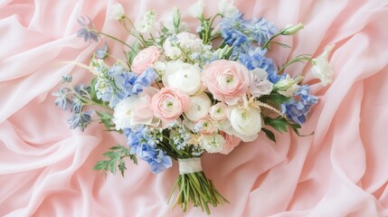 Poster - Delicate Bouquet of Pink, White, and Blue Flowers on a Pink Fabric Background