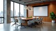 © Din Nasahrudin - Modern office meeting room in bright open space. Features a blank wall, wooden accent wall, large windows, and minimalist furniture. Concept of workspace. 3D Rendering