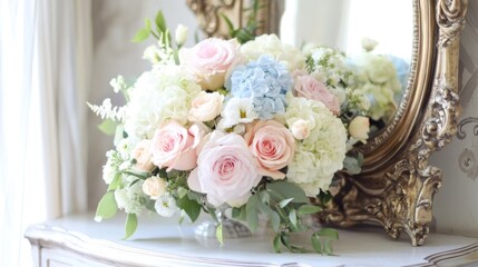 Poster - Delicate Pastel Flower Arrangement on a White Vanity Table