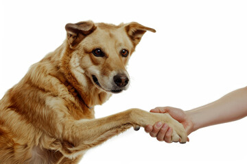 Mixed breed brown dog shaking hands with man on isolated white background.