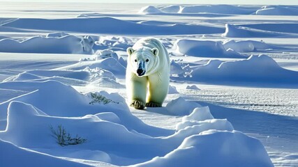 a polar bear walking through a snowy landscape in a cold environment.