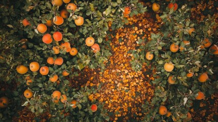 Wall Mural - Overhead View of Apple Tree with Ripe Fruit and Fallen Leaves