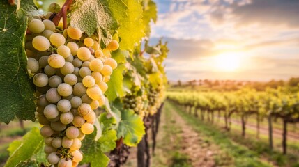 Poster - Ripe White Grapes on Vine in a Vineyard at Sunset