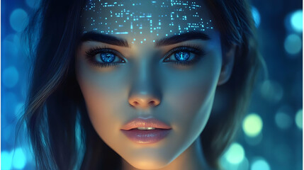 Sticker - Digital  Art:  Woman  with  Blue  Eyes  and  Forehead  Lights