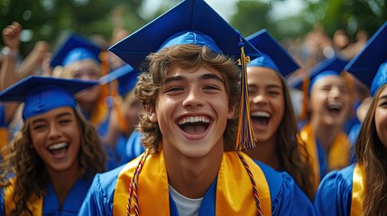 A group of high school graduates in caps and gowns, celebrating with diplomas and joyful expressions.