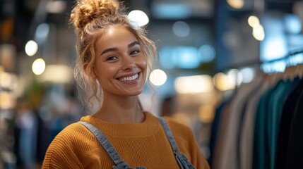 Canvas Print - Smiling Woman in a Yellow Sweater and Denim Overalls