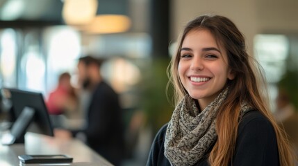 Canvas Print - Portrait of a Smiling Woman with Long Brown Hair Wearing a Gray Scarf