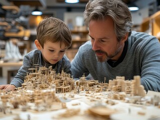 a person and child looking at a model of a city

