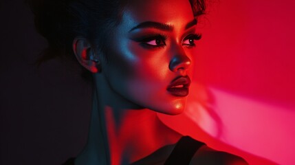 Poster - Close-up Portrait of a Woman with Red and Blue Lighting