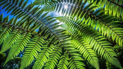 Extreme close-up of fern canopies in tropical forest captured at low angle