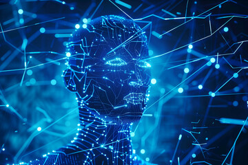 Wall Mural - futuristic digital representation of a human face with network lines and blue lights illuminating th