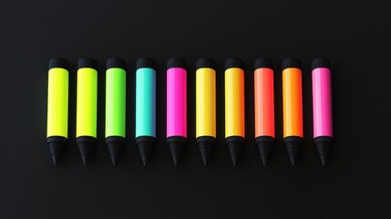 Blank mockup of a pack of eight neon highlighters in a variety of bold and bright colors for fun notetaking. .