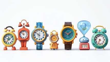 A row of colorful cartoon clocks, including alarm clocks, wristwatches, and an hourglass, on a white background.