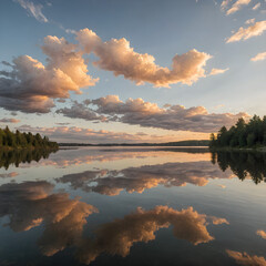 Wall Mural - A serene sky during the golden hour, with soft light illuminating fluffy clouds, and the last rays of sunlight reflecting on a calm lake
