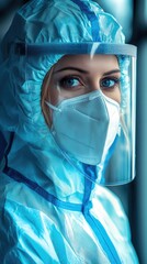 Closeup portrait of a female doctor wearing protective suit and mask