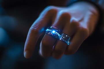 A glowing smart ring is worn on a finger.