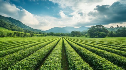 Fototapete - A scenic view of a tea plantation with lush green rows of tea bushes against a backdrop of rolling hills and a blue sky.