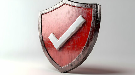 3D Render of a Red Wooden Shield with a White Checkmark Symbol, Representing Security and Protection