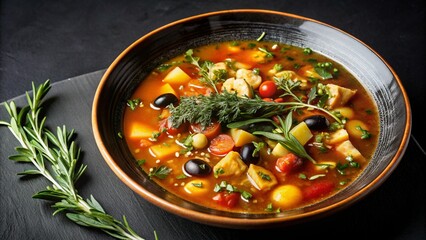 A bowl of hearty tomato soup with vegetables, herbs, and olives, garnished with fresh rosemary.