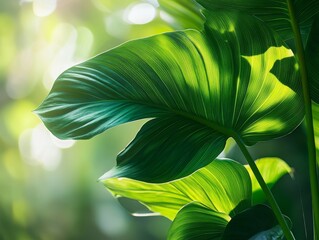 Wall Mural - 2408 8.A close-up of glossy philodendron leaves, their deep green color contrasting with the soft, blurred background of a tropical forest. The detailed veins and texture of the leaves are