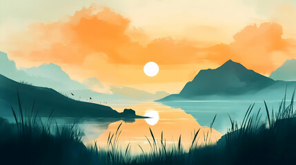 Sticker - Sunset Over Water with Mountains and Grass