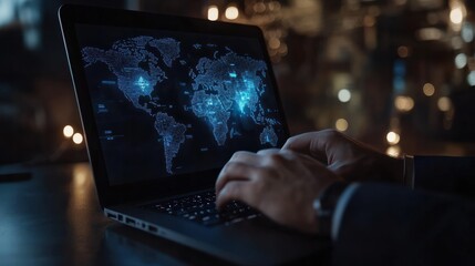 A blue world map on the display screen behind the laptop notebook that the businessman is typing on. Worldwide international communication and connection, global market internet service