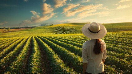 Sticker - Woman in a Straw Hat Standing in a Field of Green Crops