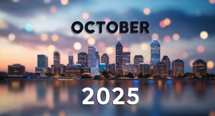 october 2025 lettering on business concept urban city skyline blurred lights bokeh background