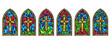 © Chorna_L - Church glass window. Gothic cathedral color stained frames. Catholic vector vintage architecture religion mosaic elements on white background.