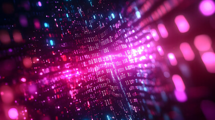 Abstract 3D Digital Background with Pink and Blue Glowing Lights and Binary Code