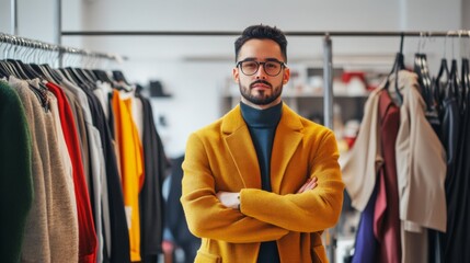 Man Wearing a Yellow Jacket Standing in Front of a Clothing Rack