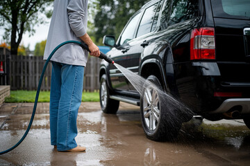 Person using a hose to rinse off a car in the driveway