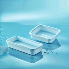 Two White Rectangular Plastic Trays on a Blue Background