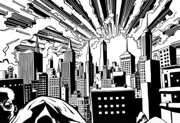 bold comic book style illustrations in black and white