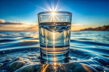 Poster - Glass of water on calm ocean at sunrise with light ray