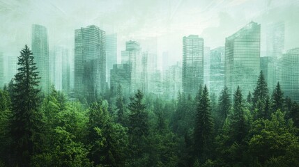 Green summer forest vegetation double exposure overlay with urban downtown cityscape