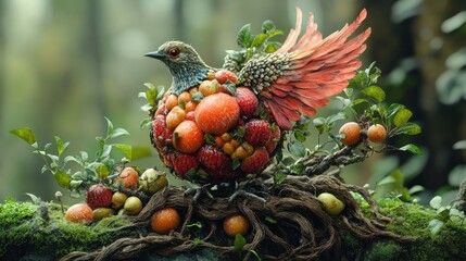 Sticker - A colorful bird made of fruits and plants in a forest setting.