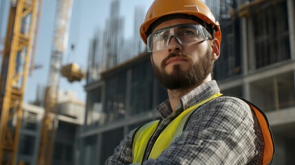 A focused construction worker in a hard hat and safety glasses stands confidently at a construction site, with cranes and building structures in the background.