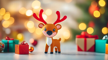 Sticker - Festive cartoon reindeer figurine with red antlers stands amid Christmas decorations, blurred lights, and gift boxes, creating a cheerful holiday scene.