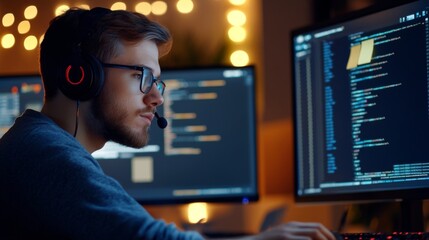 A Man Wearing Headphones Focuses on Code on His Computer Screen