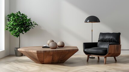 Elegant living room interior with wooden triangular coffee table, lamp and black armchair