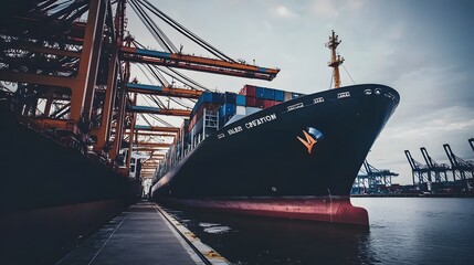 Large cargo ship docked at a port with cranes and containers, symbolizing a port strike, highlighting the scale of the port and the absence of activity