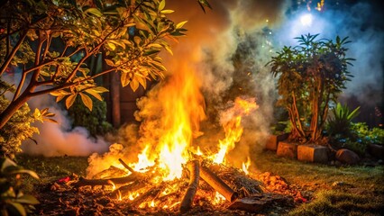 Fire burning in garden at night creating leading lines