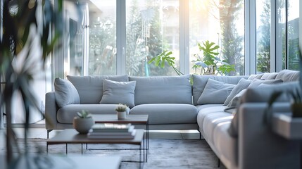 Beautiful living room interior with cozy grey sofas, coffee table and big window