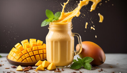 Mango Milkshake in a glass jar on black gradient restaurant background