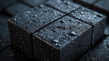 Close-up of textured black cubes with water droplets.