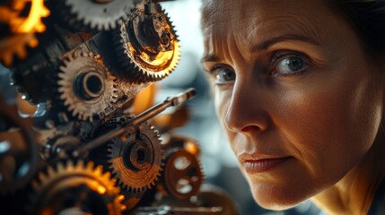 Poster - A Woman's Focused Gaze on a Glowing Gear System